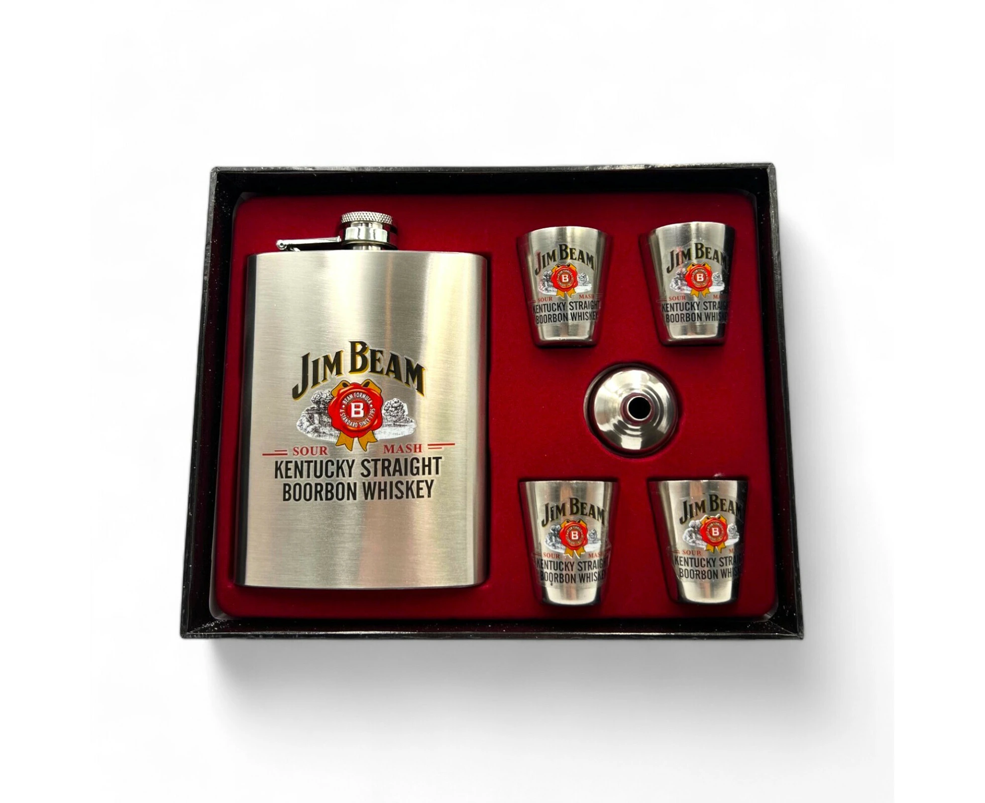 Jim Beam Hip Flask and Shot Glass Gift Set Stainless Steel 8oz