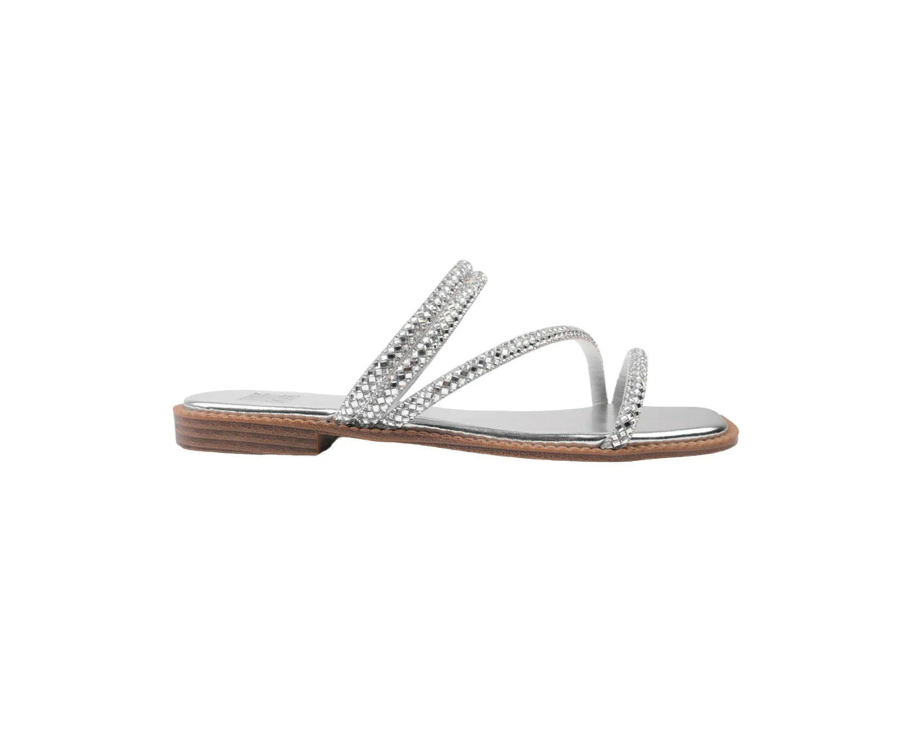 Where's That From Womens Dream Diamante Faux Leather Strappy Extra Wide Flat Sliders (Silver) - WM383