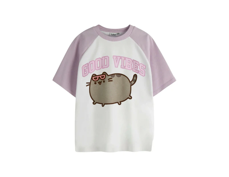 Pusheen Girls Good Vibes Raglan T-Shirt (White/Pink) - NS8452