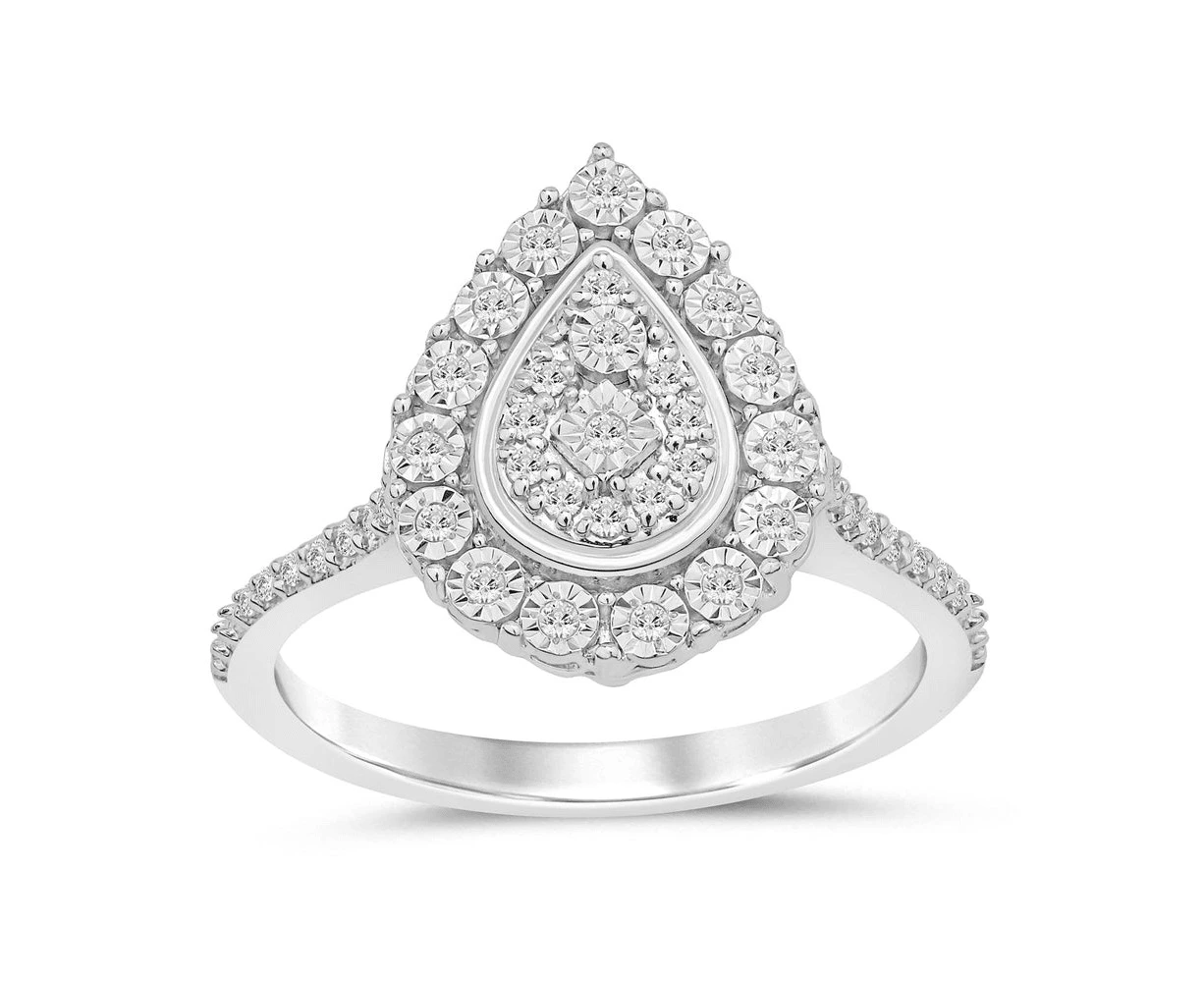 Bevilles Facets of Love Halo Pear Shaped Ring with 0.15ct of Diamonds in 18ct White Gold