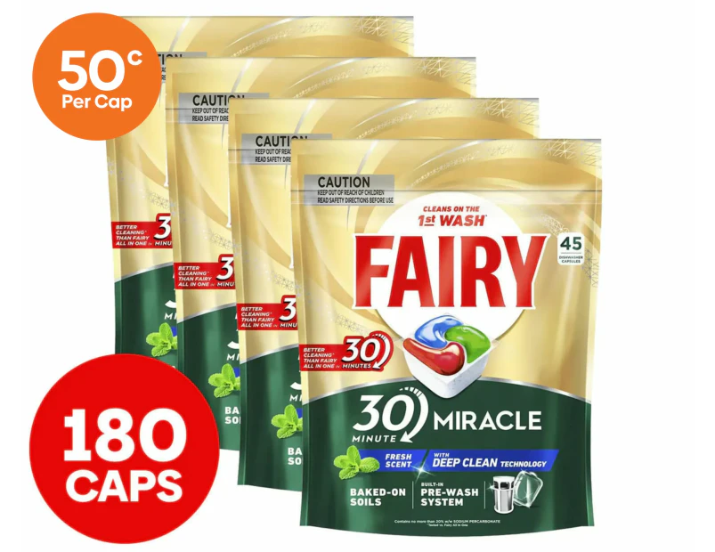 4 x 45pk Fairy 30 Minute Miracle Dishwasher Caps