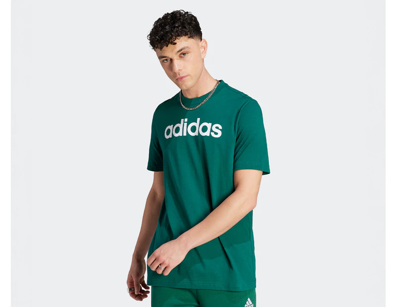 Adidas Men's Essentials Single Jersey Linear Logo Tee / T-Shirt / Tshirt - Collegiate Green