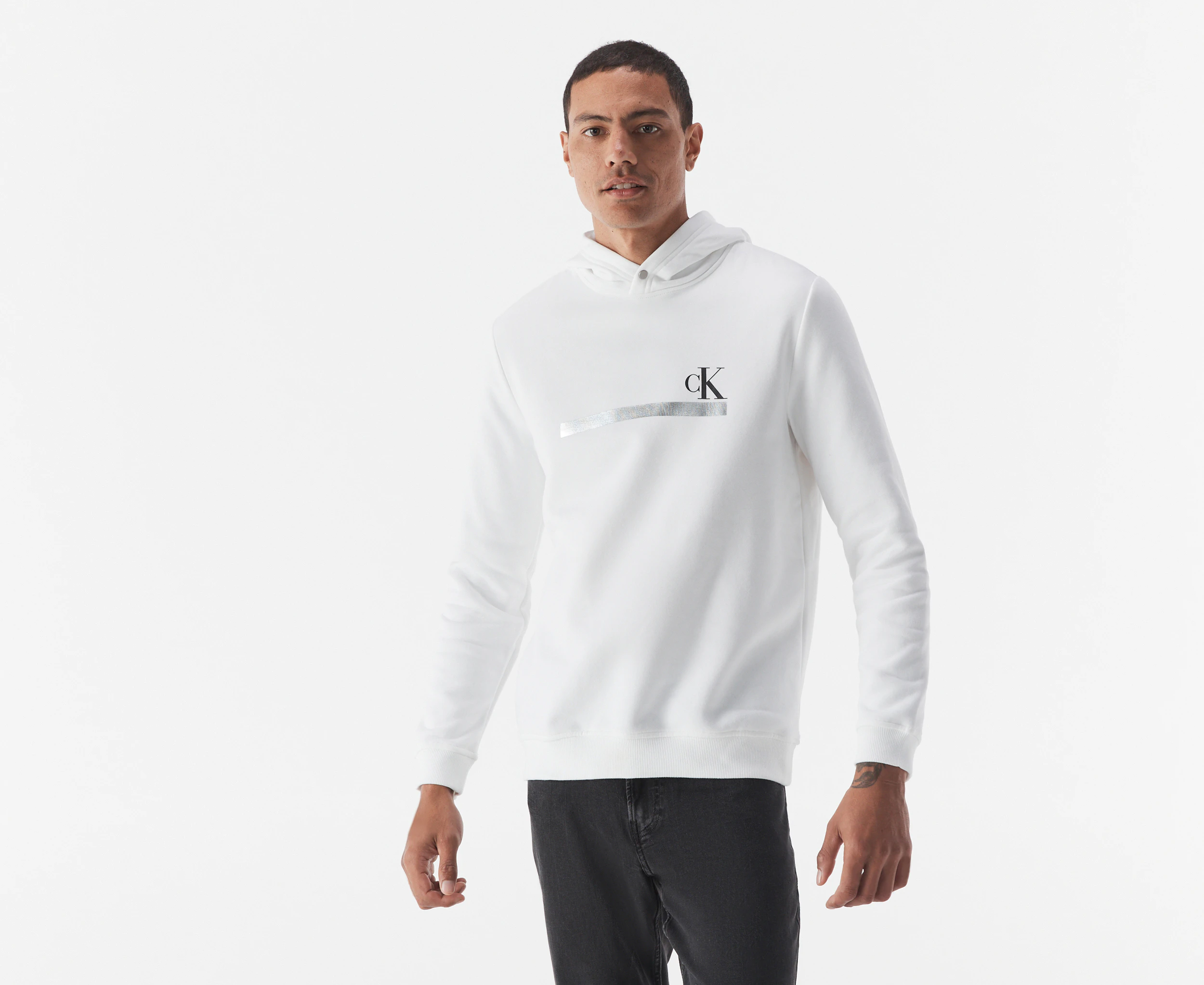 Calvin Klein Jeans Men's Fleece Stripe Pullover Hoodie - Brilliant White