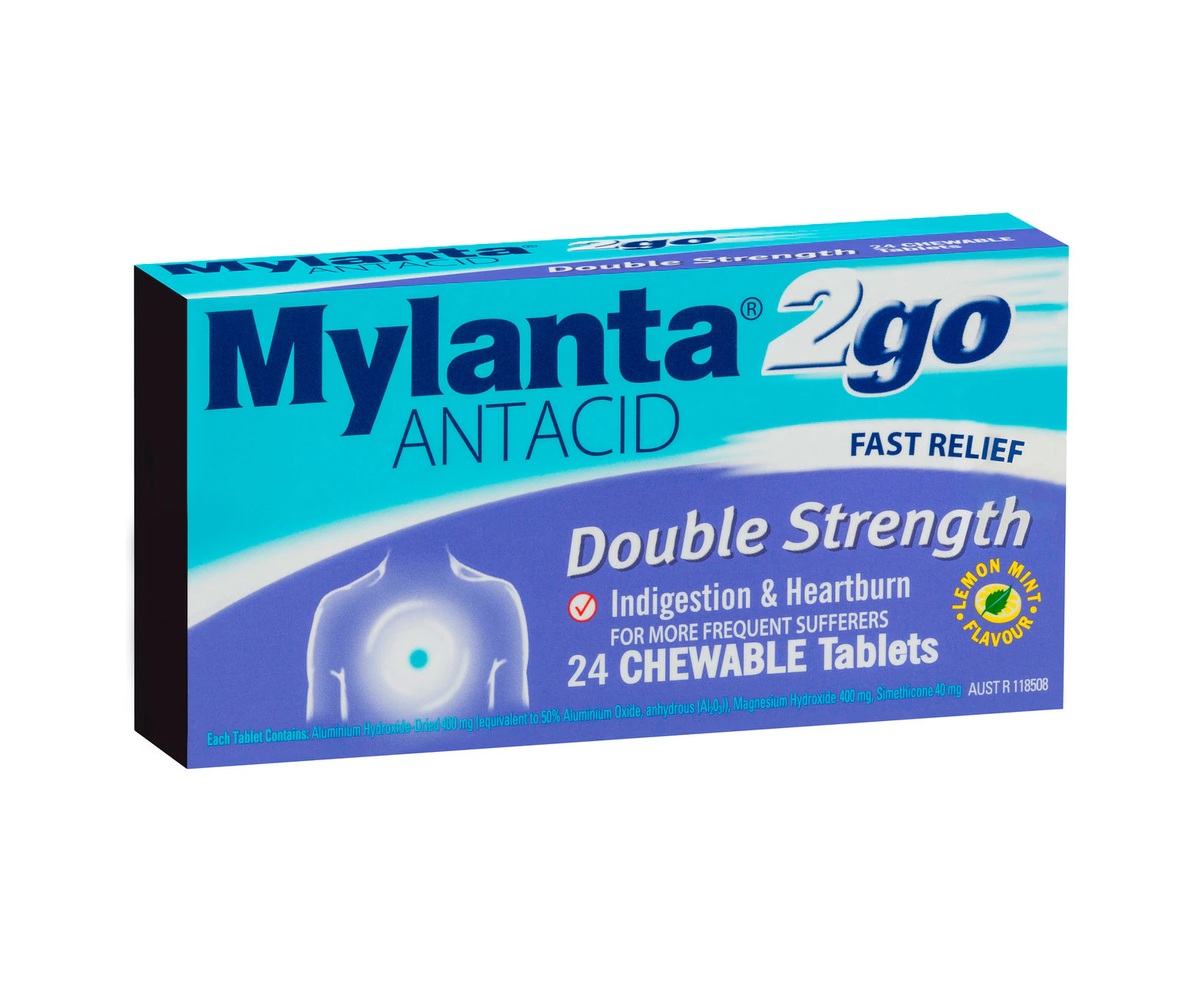 Mylanta 2Go Antacid Double Strength Chewable Tablets Lemon Mint 24 Pack