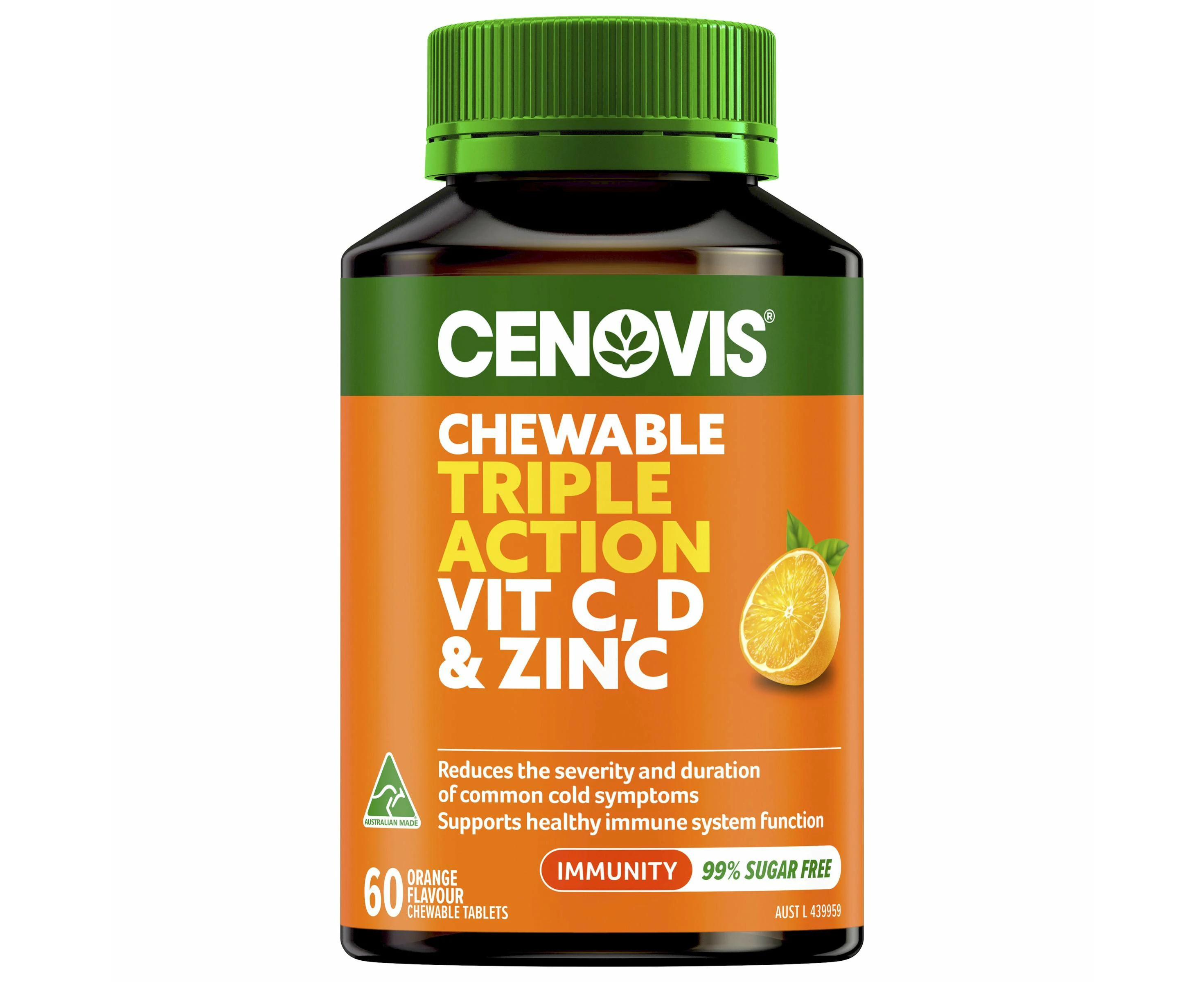 CENOVIS CHEWABLE TRIPLE VITAMIN C D3 & ZINC 60 TABLETS