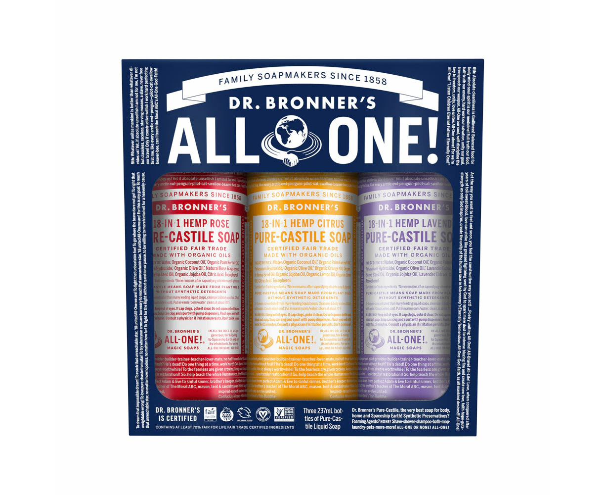 Dr. Bronner's Pure Castile Soap Liquid (hemp 18 In 1) Carnival 3 X 237ml Pack (contains: Rose, Citrus & Lavender)