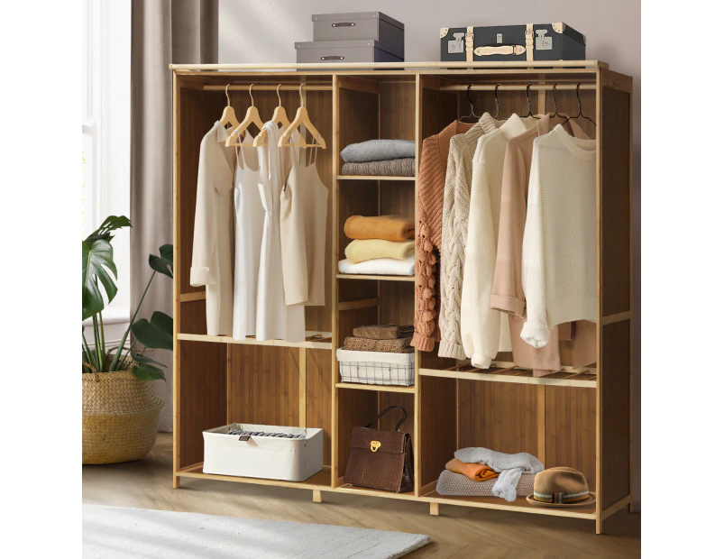 Oikiture Open Wardrobe Clothes Storage Stand Hanging Rail Bamboo Cupboard