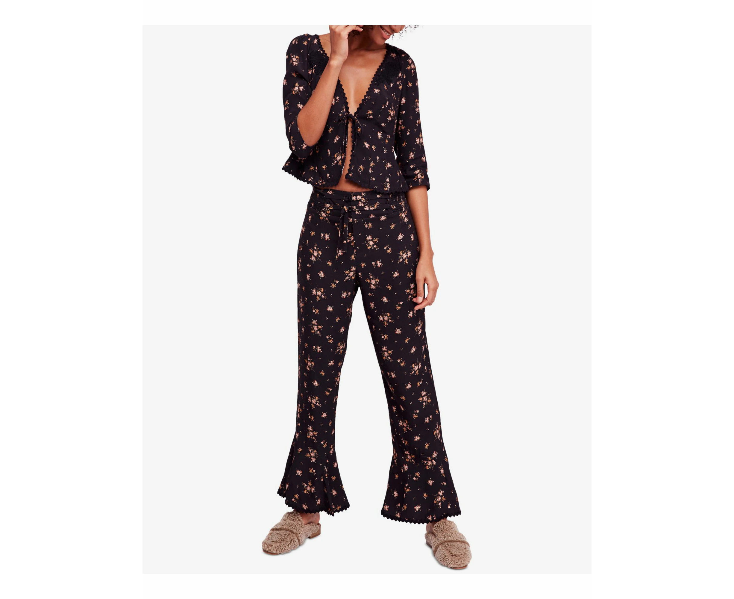 Free People Womens El Paso Floral Print Comfy Black Pajama Set