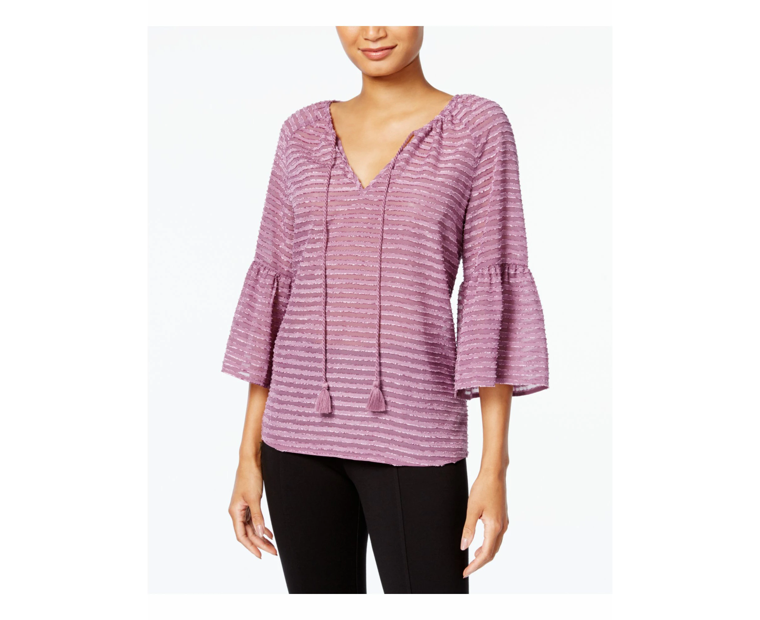 Kensie Womens Striped Tassel Casual Top