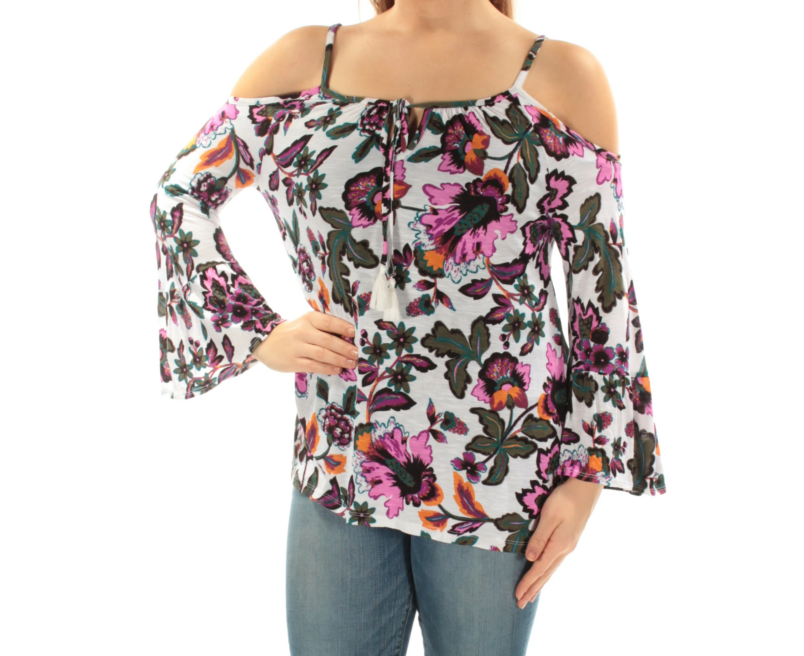 INC White Womens US Size Medium M Floral-Print Cold-Shoulder Blouse