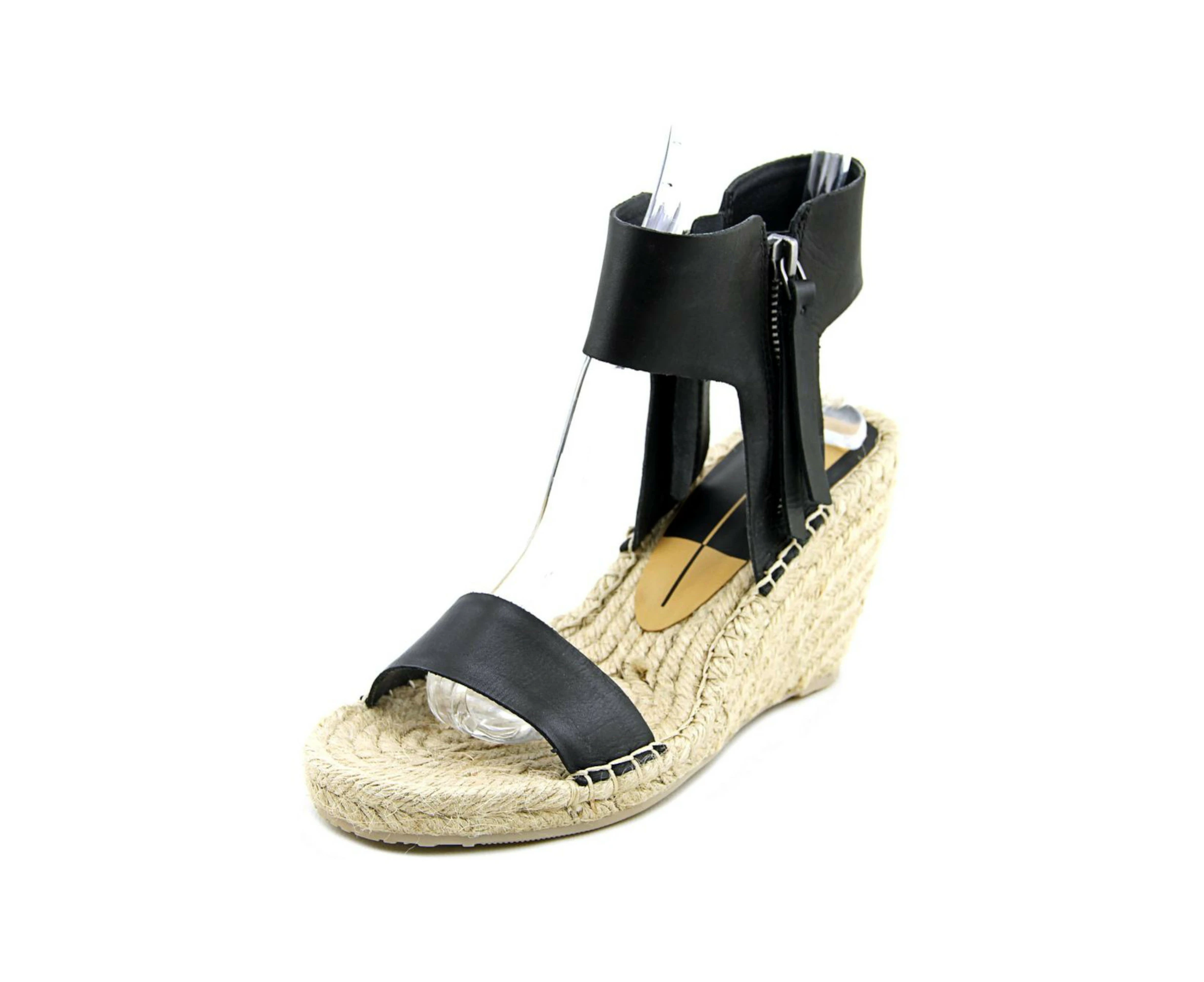 Dolce Vita Gisele Wedge Espadrille Ankle Strap Sandals, Black Leather