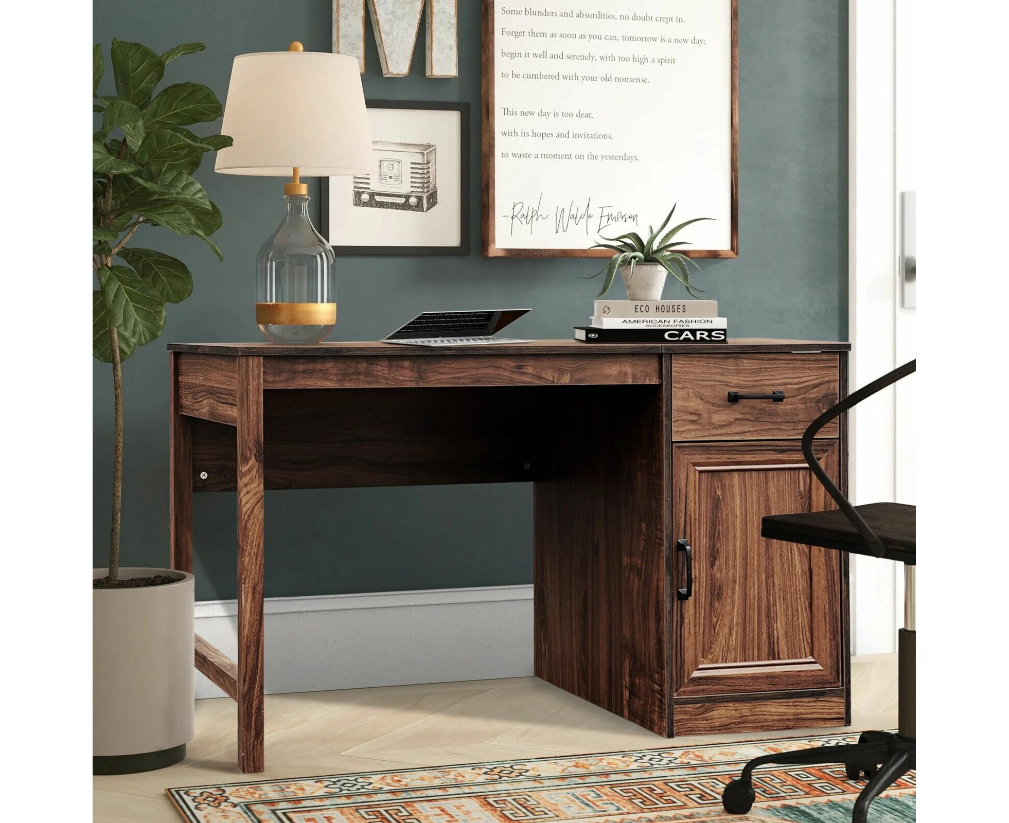 Graham Desk Walnut 120cm 1 Drawer and Cabinet Farmhouse Writing Desk With Reversible Orientation