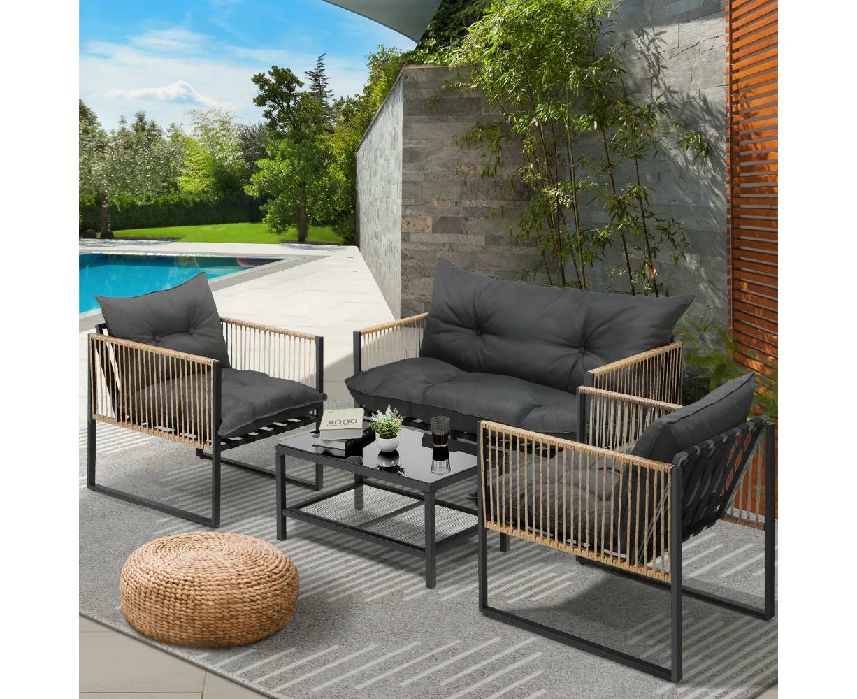 Ulara 4 Piece Outdoor Furniture Patio Set| UV Resistant Wicker Setting | 4pc Lounger Chair Set with Cushions