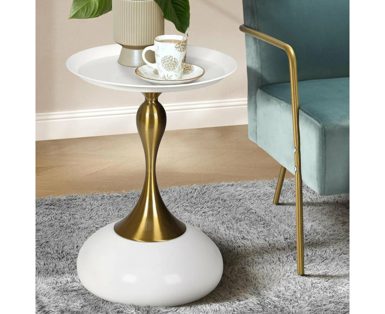 Stemio Designer Two Tone Metal Round Side Table | Verstaile Multi Use End Table Bedside Table in Black or White - Wood Natural