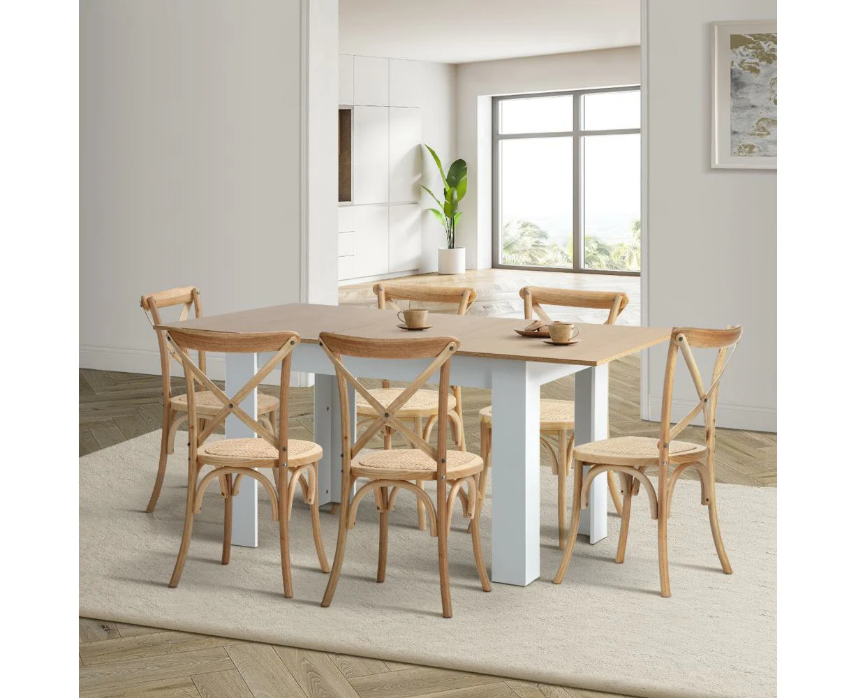 Bianco Nuovo Extendable Dining Table Set | 5-7 Seater Premium Modern Dining Table and Retro Wooden Crossback Chairs Package - 7 Piece Dining Set, Wood C...