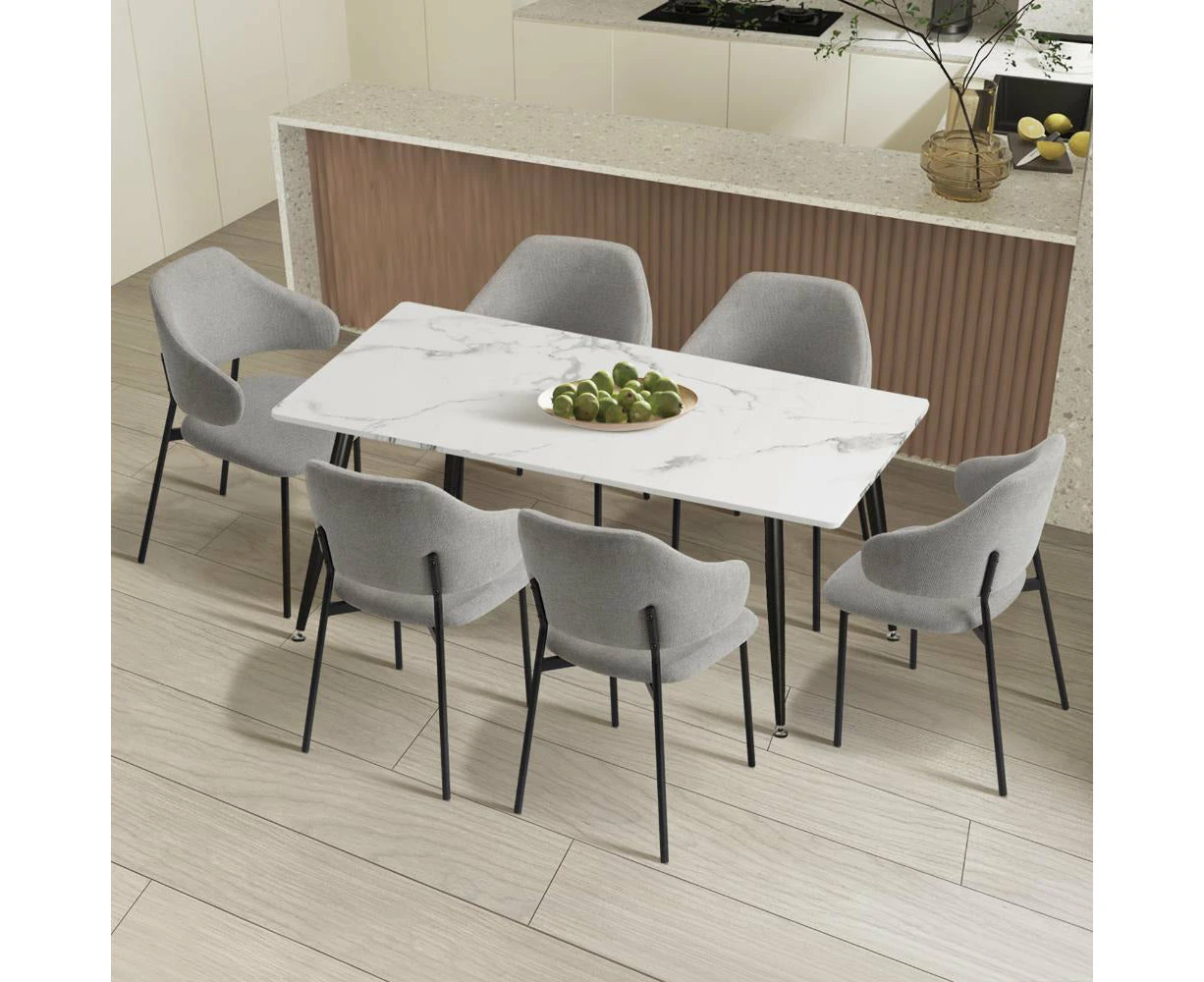 Alessi Grey Fabric Luxe Dining Table Set | 5-7 Seater Premium Modern Dining Table Marble Style Top and Fabric Dining Chairs - 5 Piece Setting