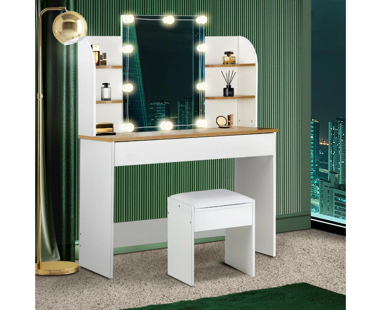 Glamz Hollywood Dressing Table & Stool Set | LED Bulbs Mirror Storage Makeup Desk Cabinet - White