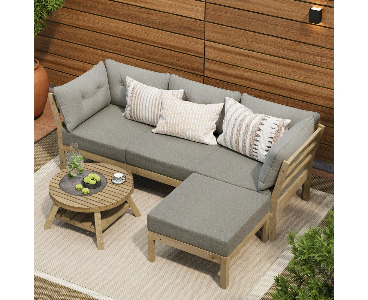 Playa Orsini Wooden Outdoor Lounge Set with Table | Modern Grey Cushion Outdoor Lounge Set | 4-6 Seater - 4 Seater Lounge