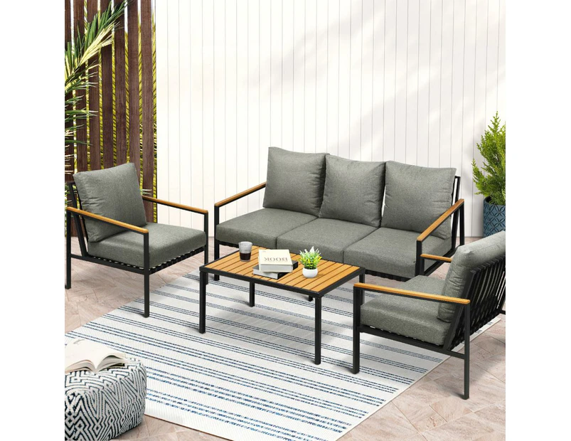 Peruzzi Deluxe Outdoor Furniture Set | Cushioned Metal Wood Patio Setting in 4 Combinations - 4pc Extra Seating Chairs Sofa and Table Set