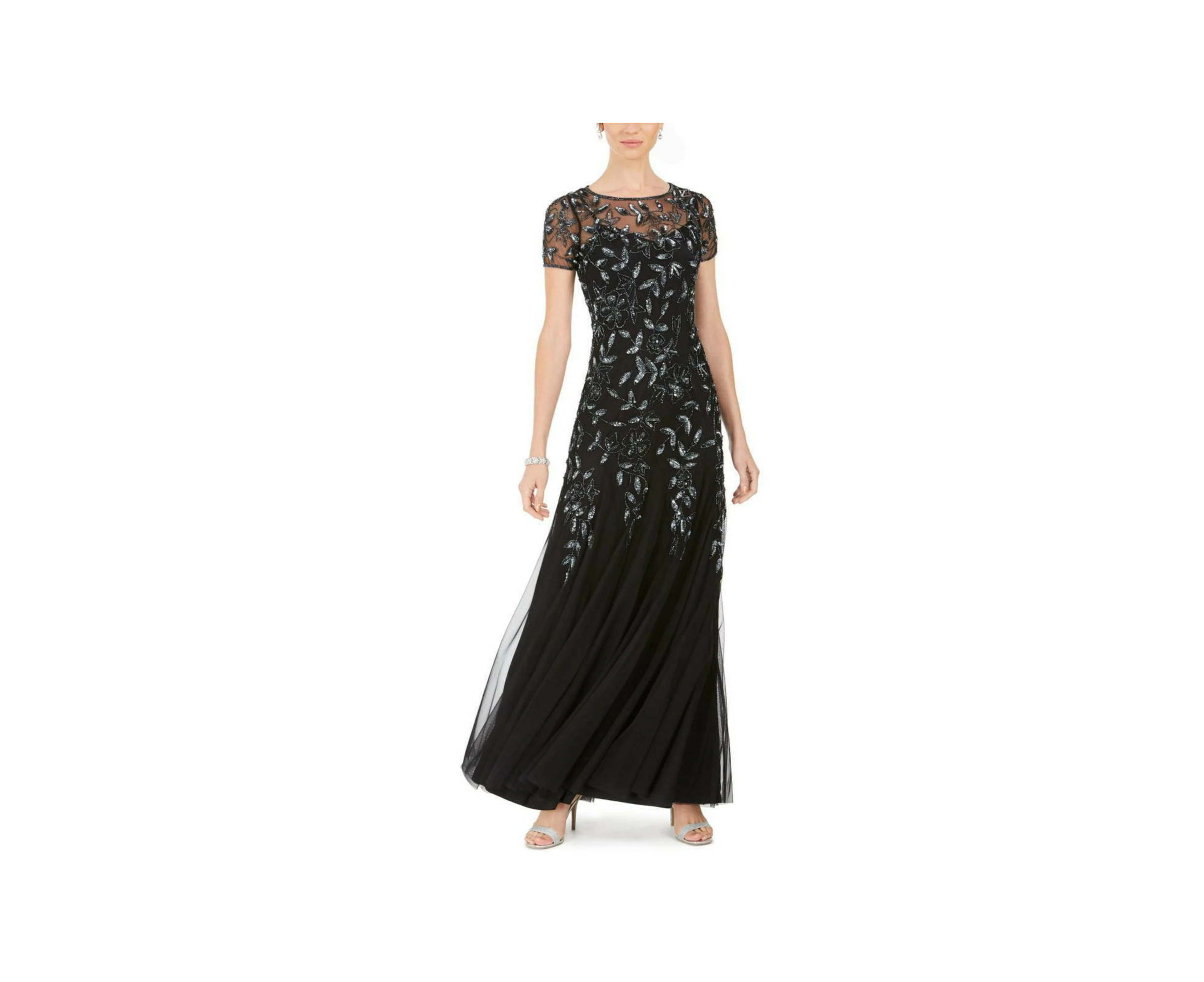 ADRIANNA PAPELL Womens Sequined Rhinestone Mesh Short Sleeve Illusion Neckline Full-Length Evening Fit + Flare Dress