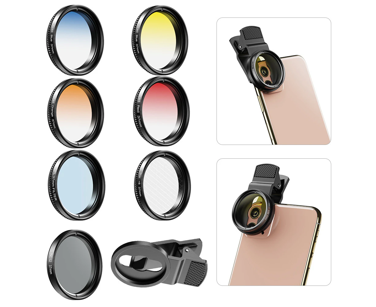 APEXEL APL-37UV-7G Professional 7in1 Phone Graduated Lens Filter Kit 37mm Grad Red Blue Yellow Orange Filters+CPL ND Star Filters Compatible with Samsung H