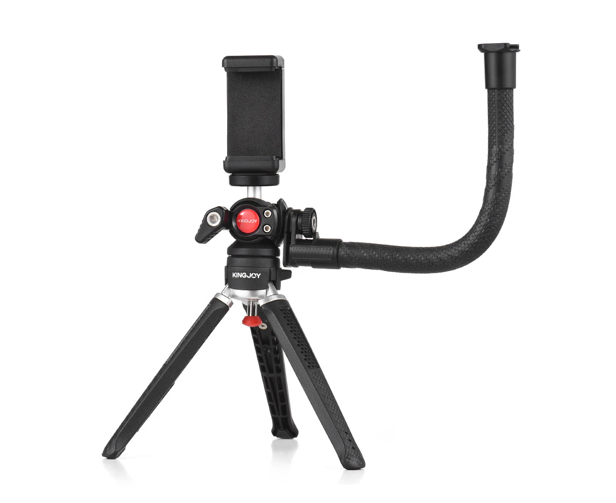 KINGJOY Mini Tripod Stand Desktop Tripod Stand 2kg/4.4lbs Load Capacity 2 Levels Height Adjustable 1/4in Screw with Multifunctional Ball Head Extension Arm