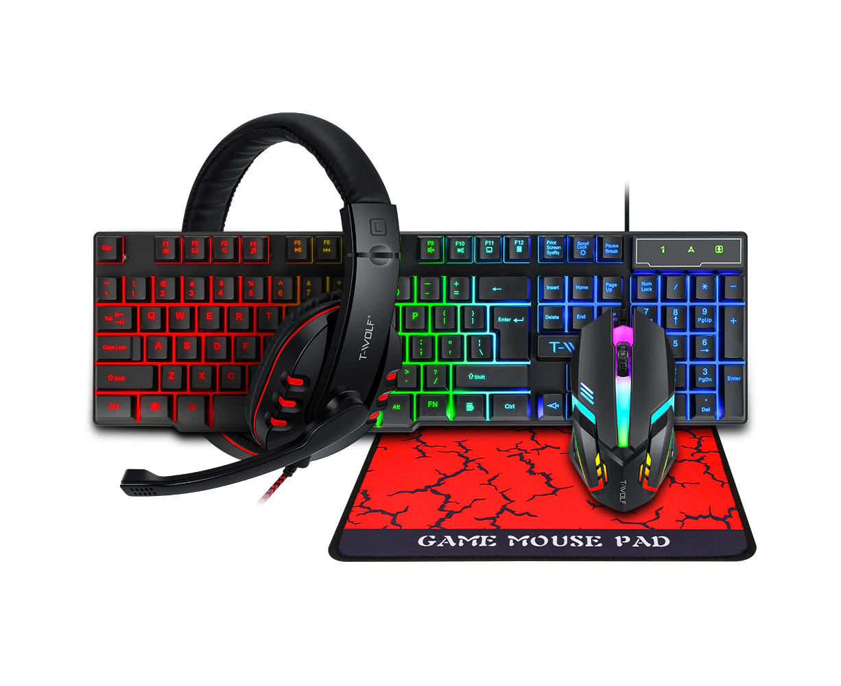 T-WOLF TF800 Four-piece Gaming Combo 104 Keys Keyboard 4-color Breathing Light Mouse 3.5mm Gaming Headset Anti-slip Mouse Pad