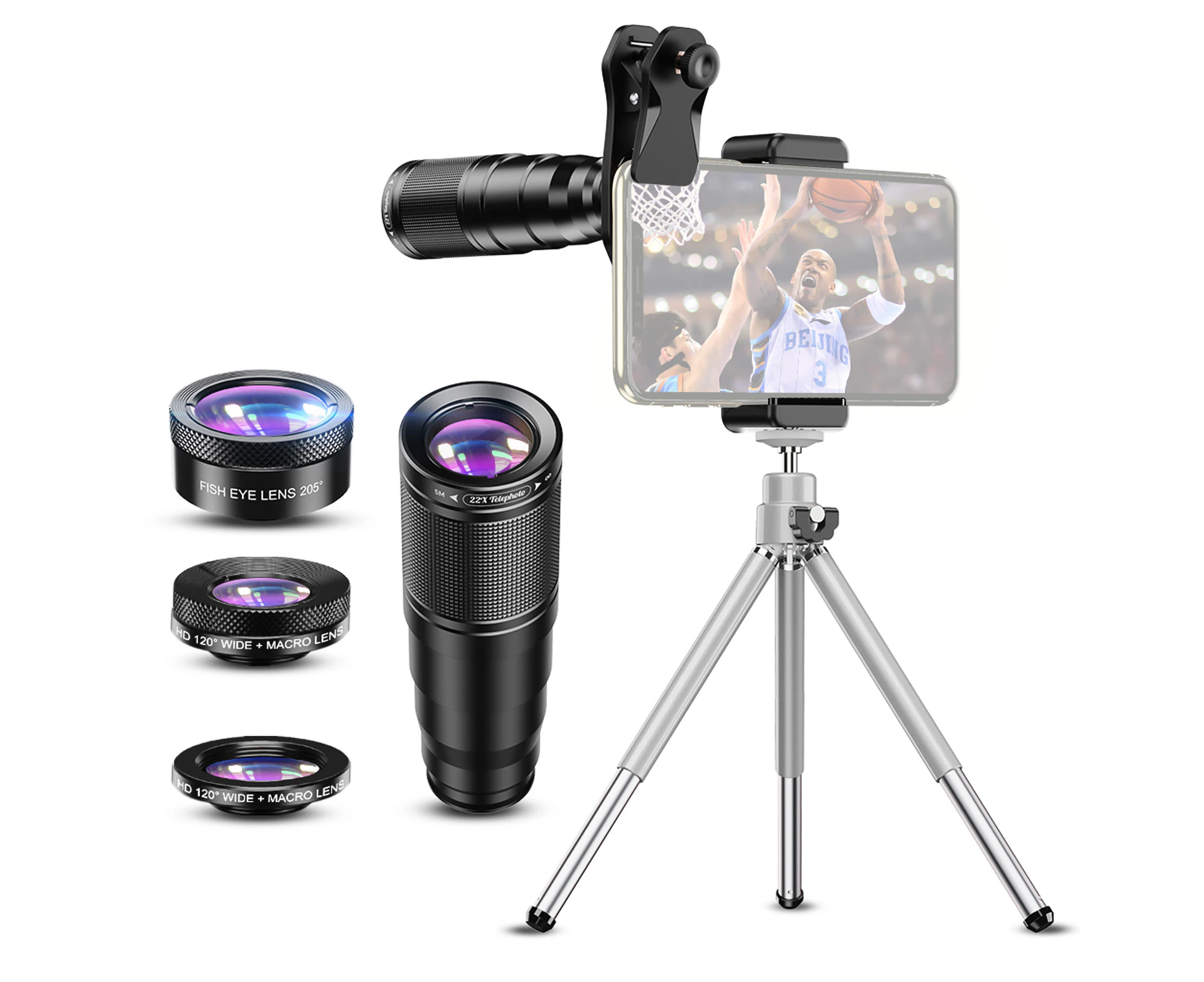 APEXEL APL-22X105-4IN1 Metal Phone Camera Lens 22X Telephoto Lens Fisheye Lens Wide Angle Lens Macro Lens Polarization lens with Tripod Phone Camera Lens C