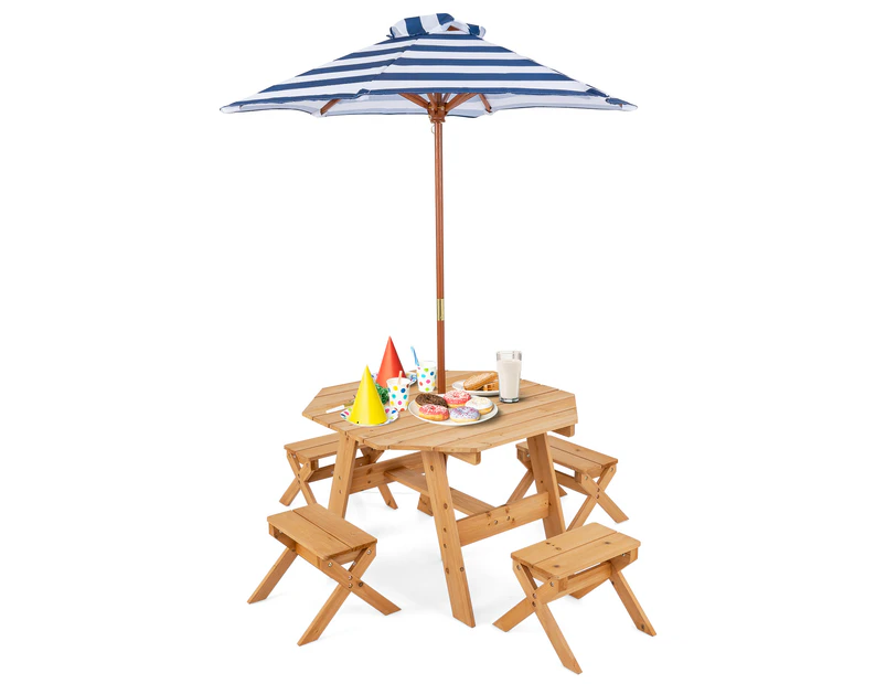 Giantex Kids Picnic Table & 4 Chairs Toddler Outdoor Wooden Table w/Foldable Umbrella Children Activity Play Center Natural