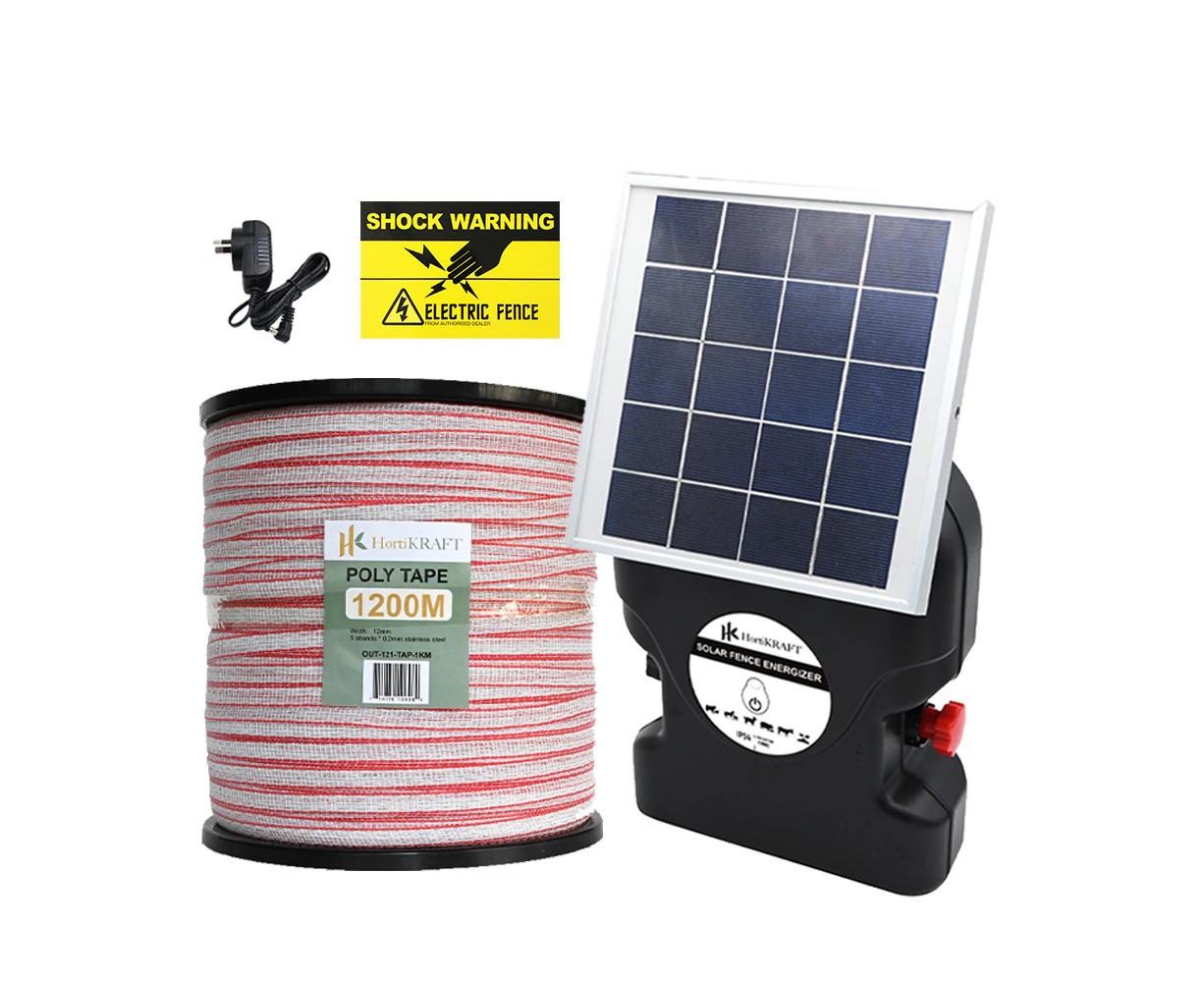 HortiKraft 15km Solar Powered Electric Fence Energizer 0.8J + 1.2km Poly Tape 12mm