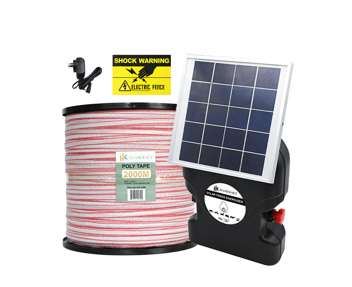 HortiKraft 15km Solar Powered Electric Fence Energizer 0.8J + 2km Poly Tape 12mm