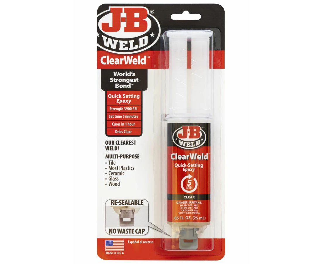 JB ClearWeld 2 Part Cold Weld Clear Epoxy Adhesive Syringe 25ml J-B 50112 Glass