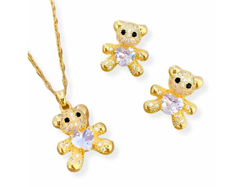 CKCO- PVD 18K Gold Plated Cuddly Bear Necklace and Earring Set- Golden