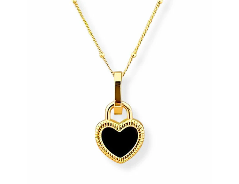 CKCO- PVD 18K Gold Plated Black Gem Heart Necklace - Golden