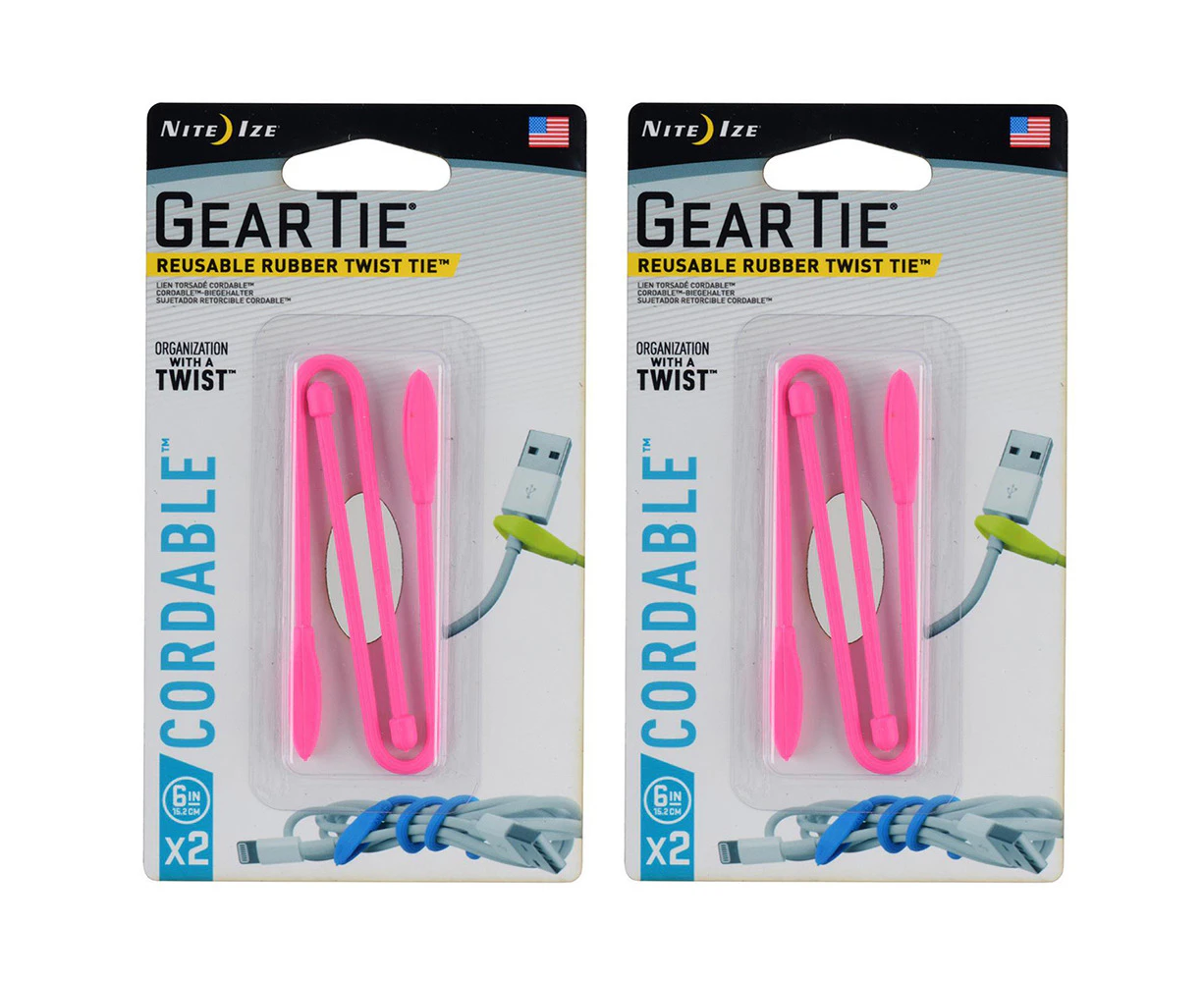 4pc Nite Ize 6in Gear Tie Cordable Rubber Twist Reusable Organiser Neon Pink