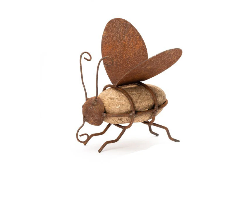 Garden Rust Metal 16cm Rock Bee Outdoor Ornament Yard Patio Home Decor Brown