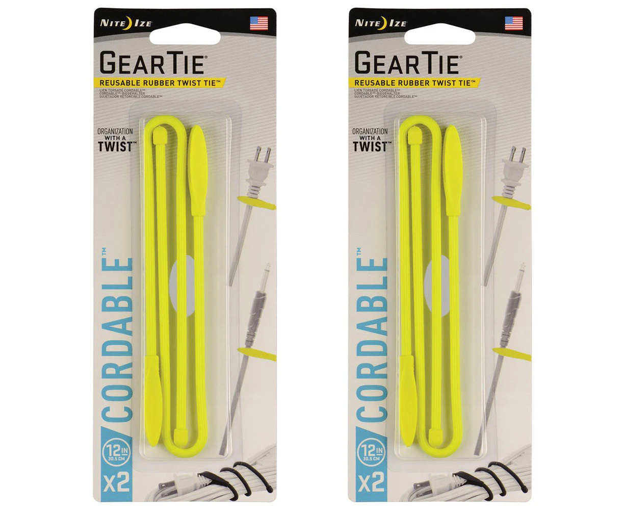 4pc Nite Ize 12in Gear Tie Reusable Cordable Twist Rubber Cable Organiser Yellow