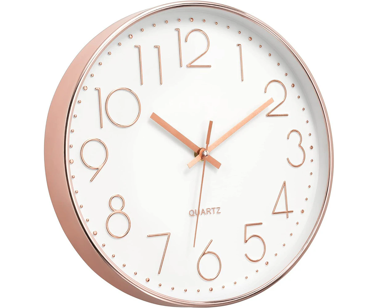 Degree Quartz Modern Wall Clock Non-Ticking Rose Gold/White Home Decor 30cm