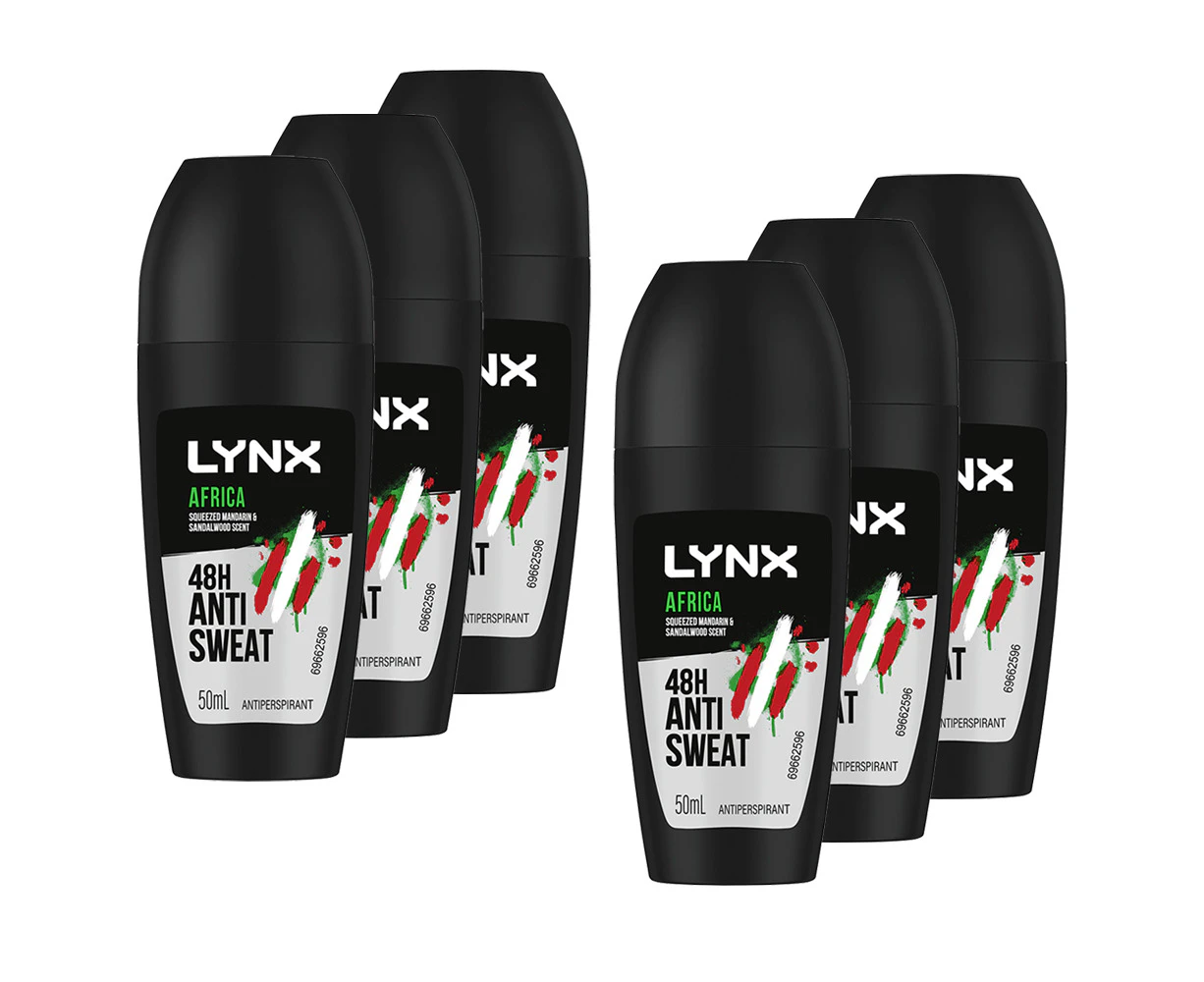 6x Lynx Men 50ml Antiperspirant Roll On 48Hr Sweat Protection f/Underarms Africa