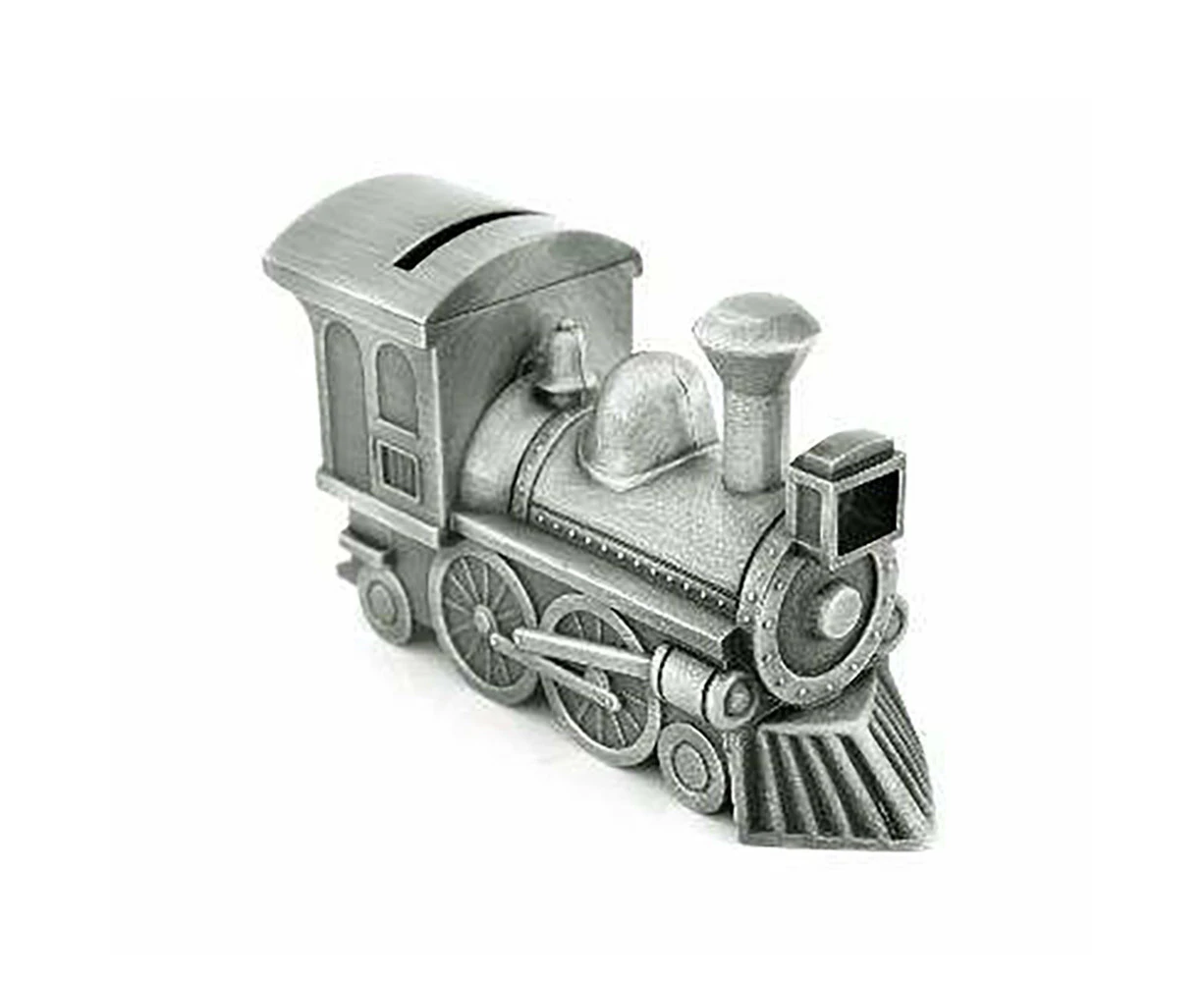 Pewter Plate Train Money Bank Coin Saver Tin Jar Storage Container Silver 16cm