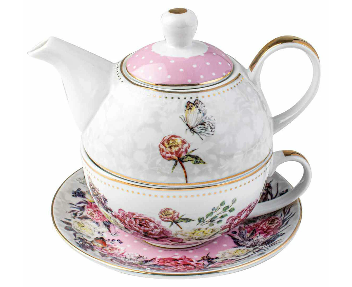 Roses & Butterflies Floral Decorative Botanical Print Pink Tea For One Set 450ml