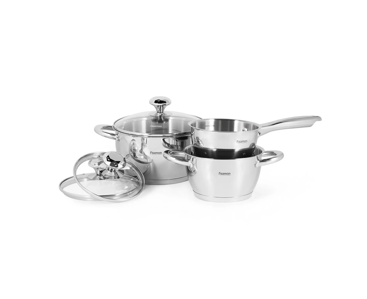 6pc Fissman Stainless Steel Falcon Cookware Set Cooking/Frying w/Glass Lids SLVR