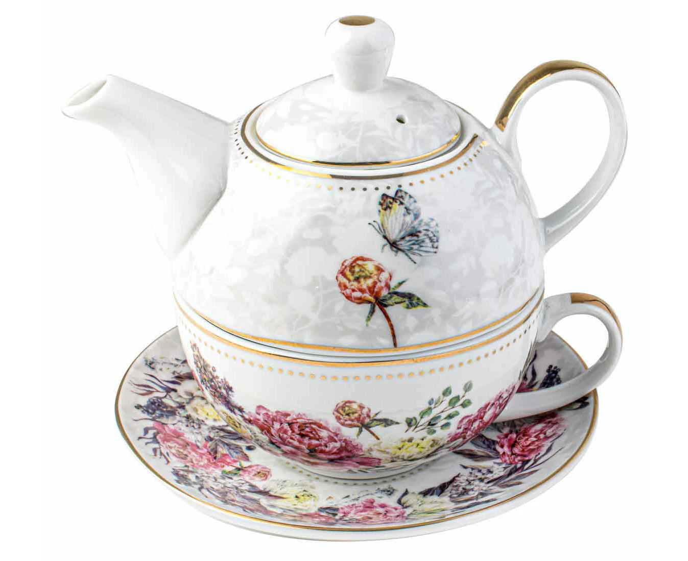 Roses & Butterflies Floral Print Decorative Tea For One Teapot/Mug Set 450ml