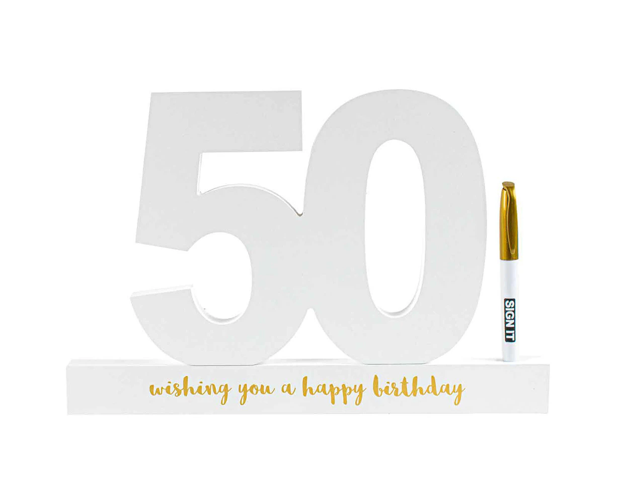 50th White Signature Block Gold Foil Novelty Birthday Message Party Statue