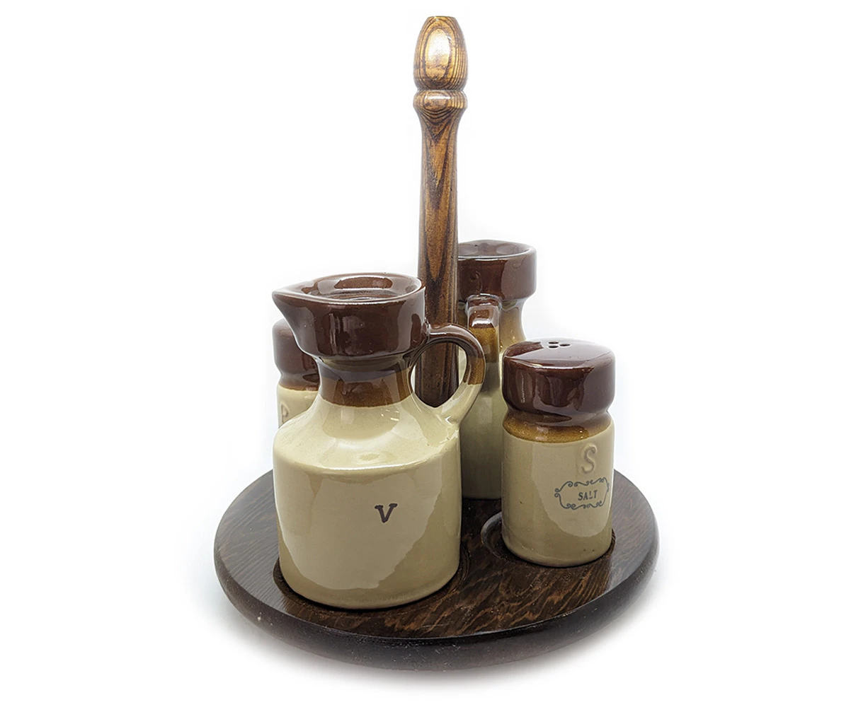 Revolving Decorative Ceramic & Wood Cruet Table Dinnerware/Serveware Set