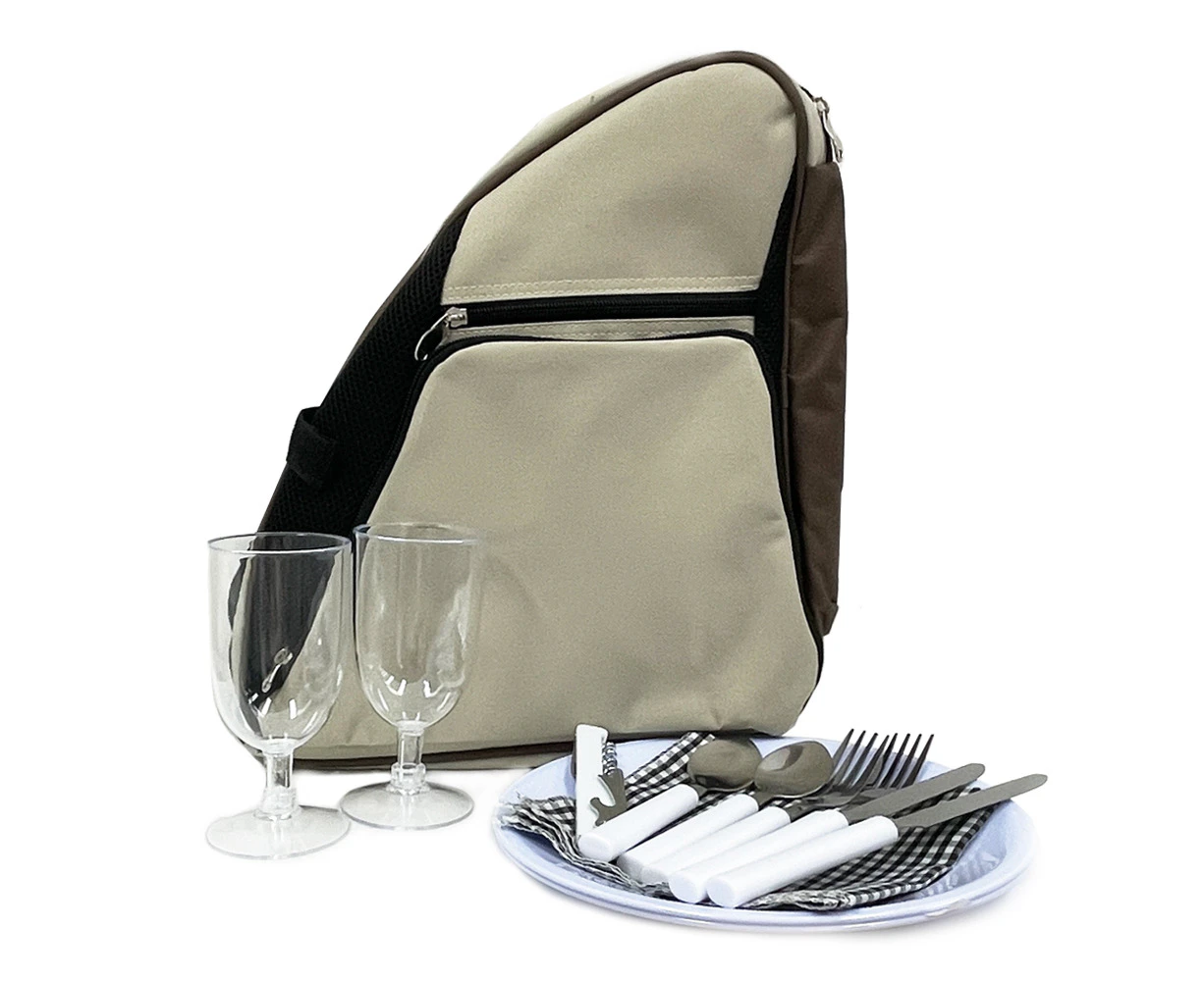 2 Person Picnic Shoulder Carry Bag Stainless Steel Utensils/Cutlery/Glasses Set