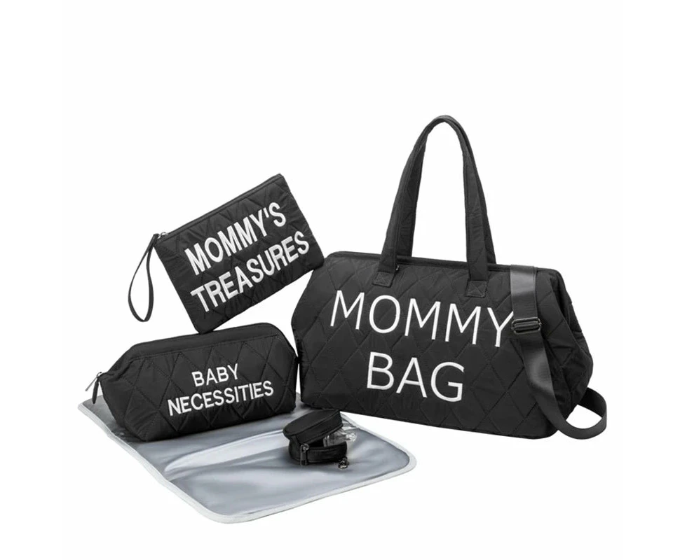 Anymom Mommy Diaper Bag Black Handbag 5 pcs set with Portable Changing Pad Adjustable and Removable Strap Diamond Pattern Maternity Bag