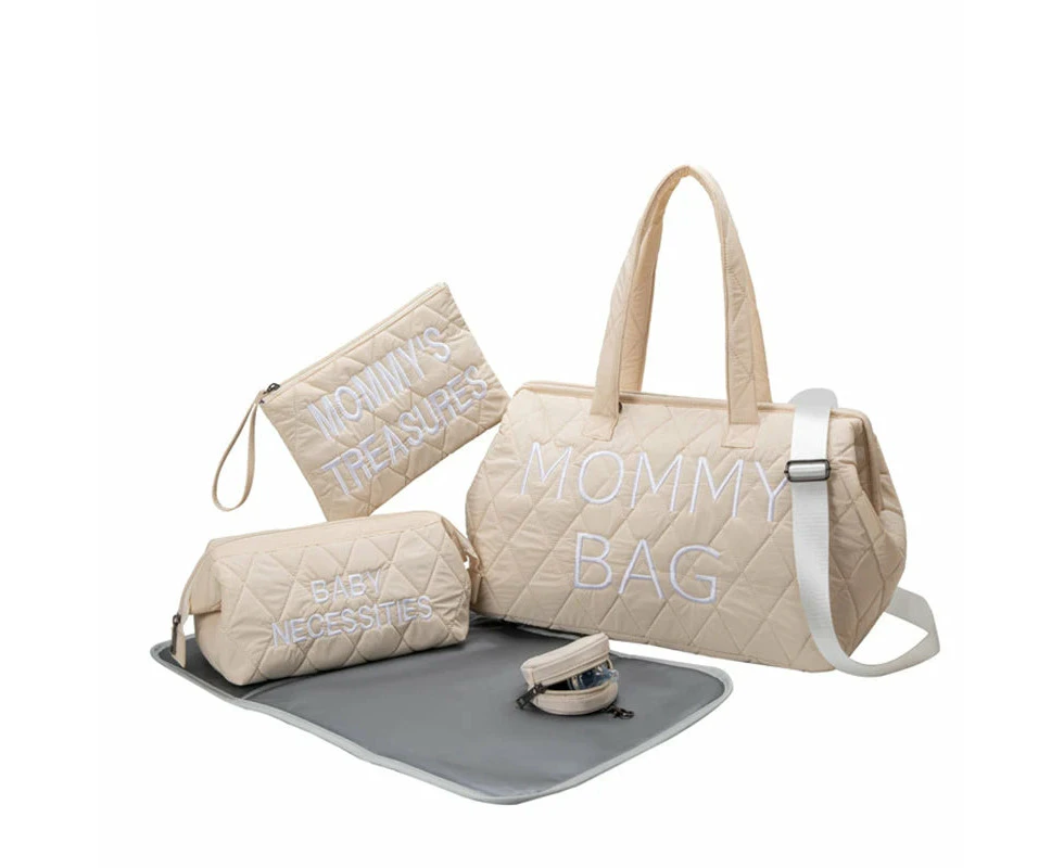 Anymom Mommy Diaper Bag Beige Handbag 5 pcs set with Portable Changing Pad Adjustable and Removable Strap Diamond Pattern Maternity Bag