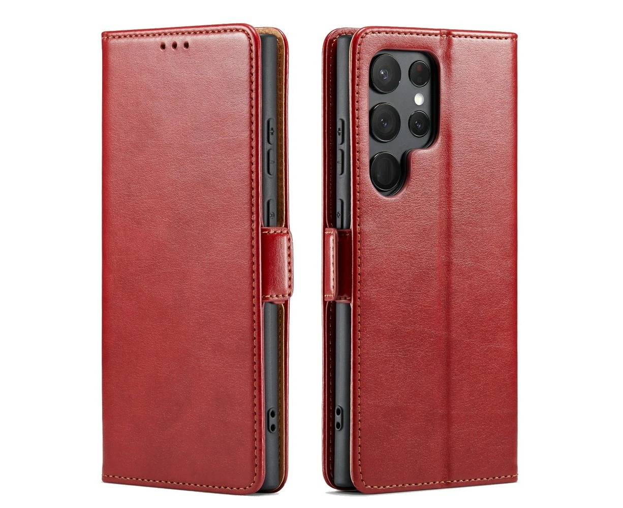 For Samsung Galaxy S24 Ultra Case Leather Flip Wallet Folio Cover Red