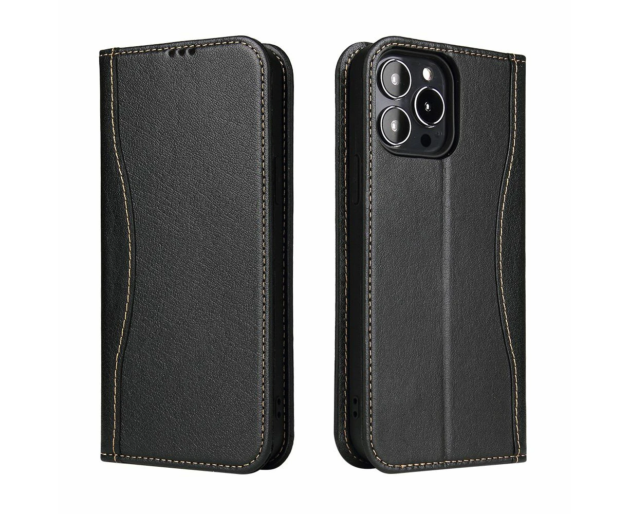 For iPhone 13 Pro Case Black Fierre Shann Genuine Cowhide Leather Wallet Cover